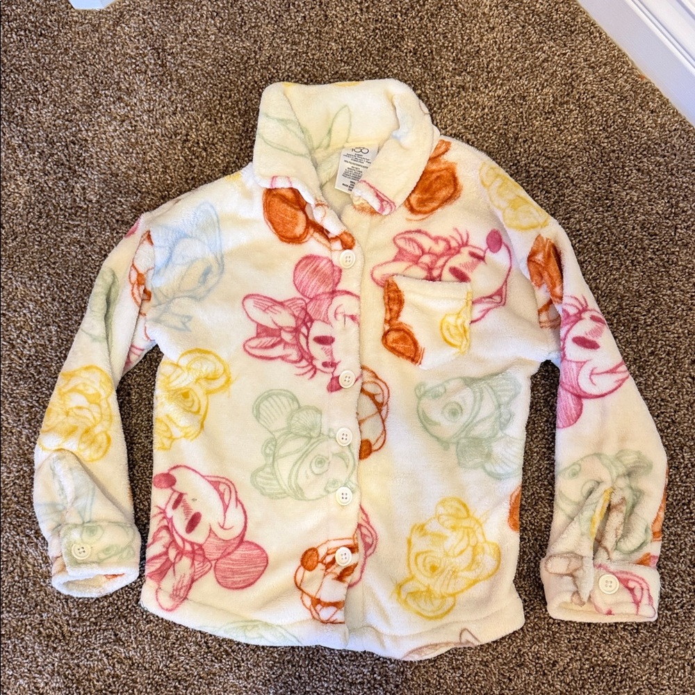 Disney Cream Plush Button-Up Shirt Jacket with Multicolor Character Sketches